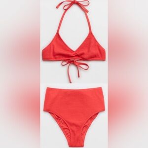 NWT Aerie FULL SET Crinkle Halter Voop Top + High Waisted Bottom Resort Red - M